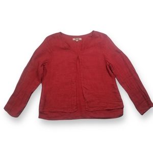 FLAX Pleated Front Long Sleeve 100% Linen Top Size Medium